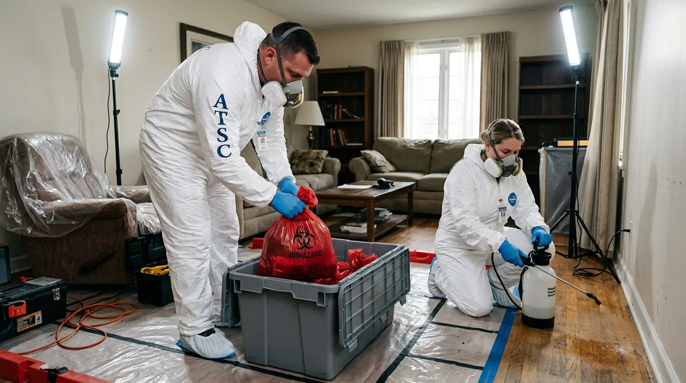 Professional Hazmat Cleanup technician in full PPE working in Mesa